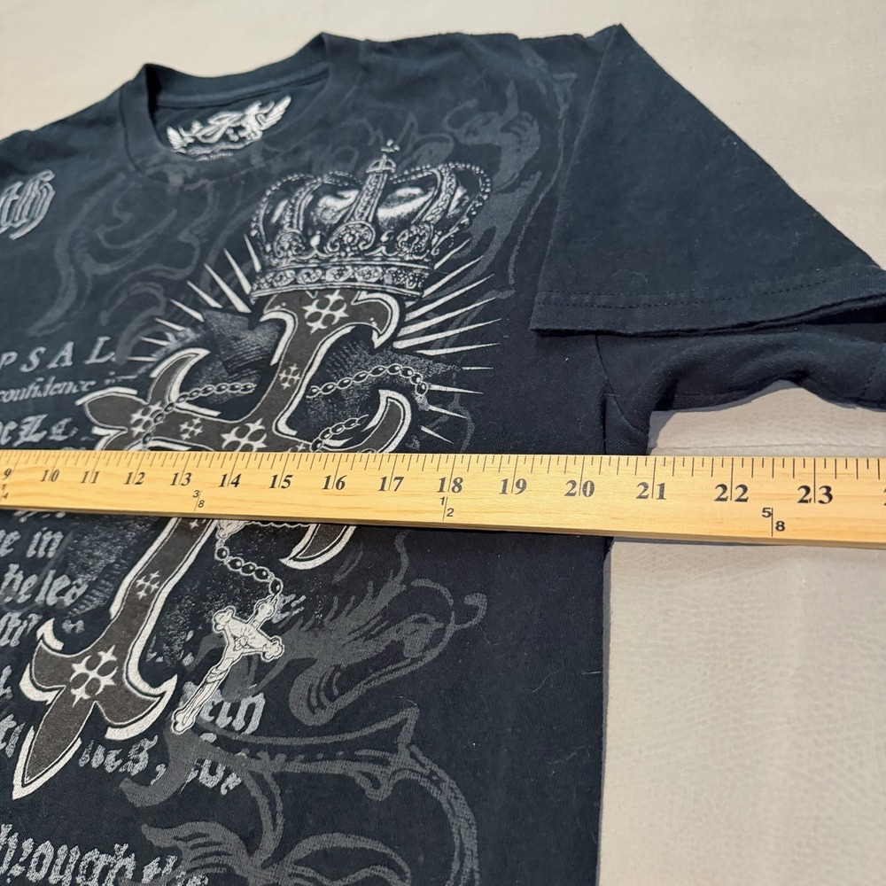 VTG Y2K Mens Cross Angel Wing Skate Emo Bible T-Shirt Black Double AOP-M-6753 - Picture 6 of 8